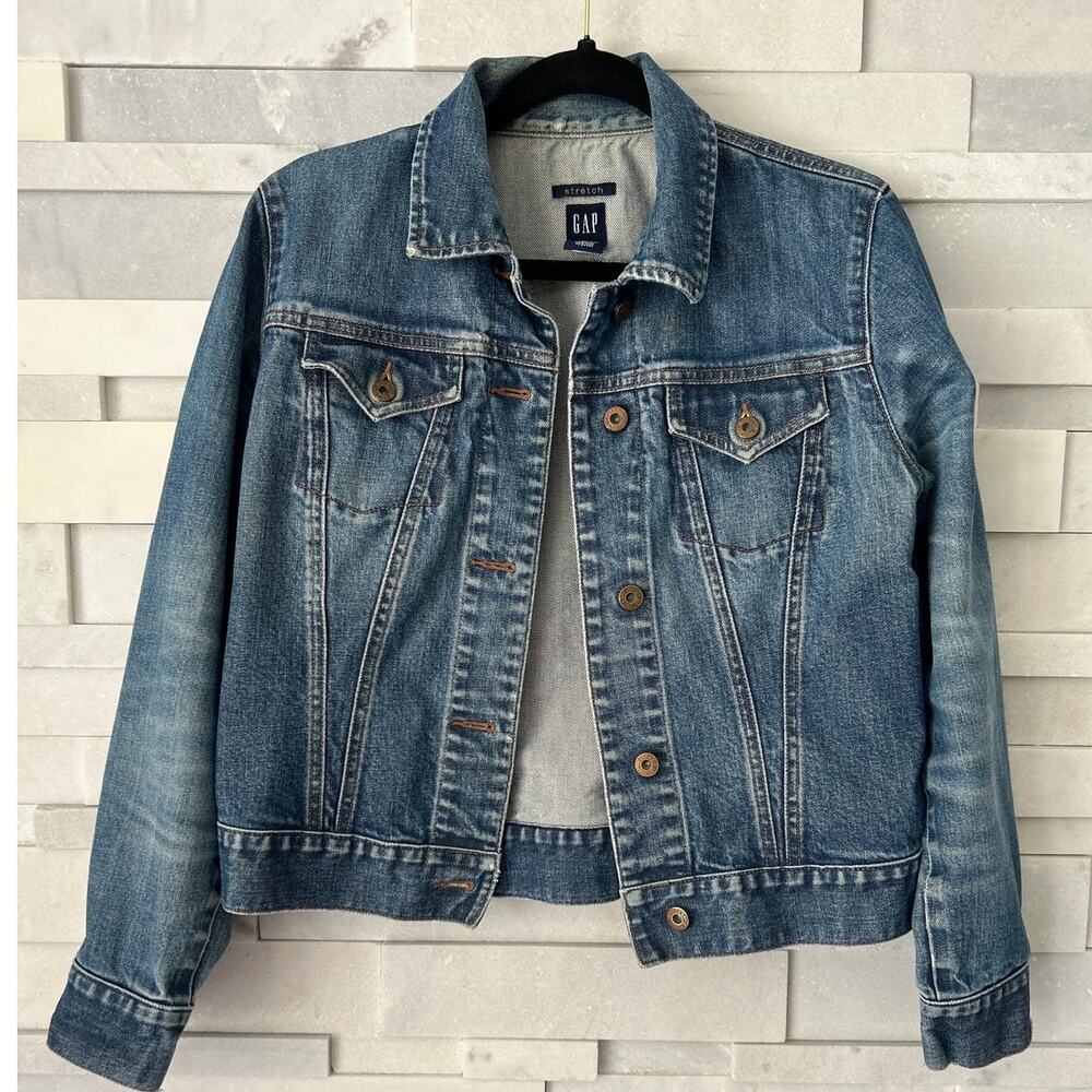 B GAP Stretch Denim Crop Distressed Jean Jacket Cotton Spandex Y2K Western sz M